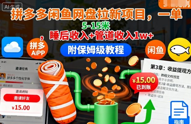 拼多多闲鱼网盘拉新项目，一单5-15米，睡后收入+管道收入1w+(附保姆级教程)-大熊网创