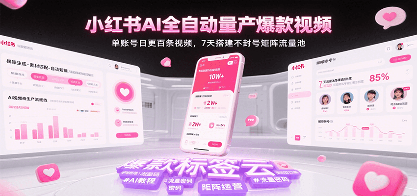 小红书AI全自动量产爆款视频，单账号日更百条视频，7天搭建不封号矩阵流量池（更新）-大熊网创