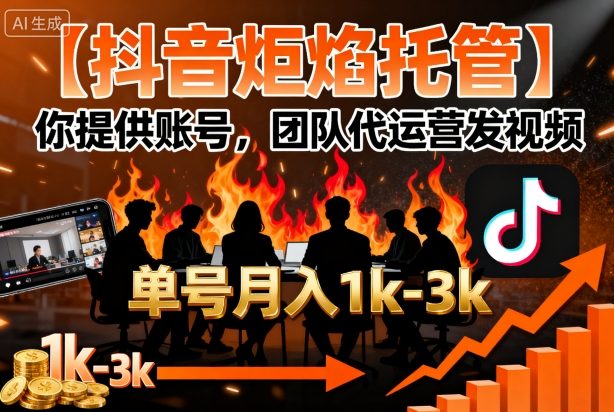 【抖音炬焰托管】你提供账号，团队代运营发视频，单号月入1k+【揭秘】-大熊网创