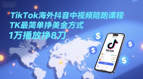 TikTok海外抖音中视频陪跑课程，TK最简单挣美金方式，1万播放挣8刀-大熊网创