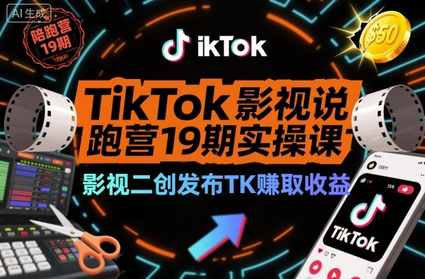TikTok影视解说陪跑营19期实操课，影视二创发布TK賺取收益，万播收益50美金-大熊网创
