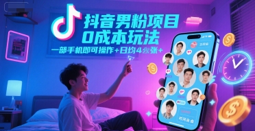 抖音男粉项目0成本玩法，一部手机即可操作，日均4张+，时间自由-大熊网创