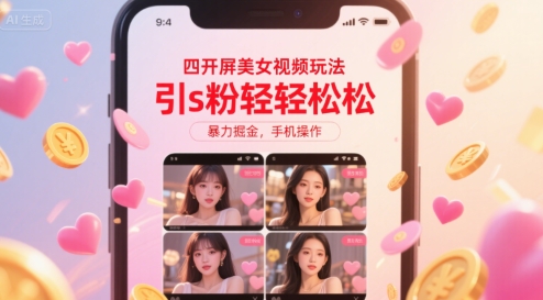 四开屏美女视频玩法，引s粉轻轻松松，暴力掘金，手机操作【揭秘】-大熊网创