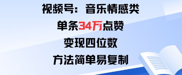 视频号分成计划新玩法：音乐情感类单条34W点赞，变现四位数，方法简单易复制-大熊网创