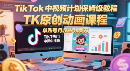 TikTok中视频计划保姆级教程，TK原创动画课程，单账号月收益4k美刀-大熊网创