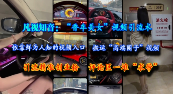 凡视知音：“香车美女”视频引流术，依靠鲜为人知的视频入口，搬运“高端圈子”视频，引流精准创业粉，评论区一堆“求带”-大熊网创