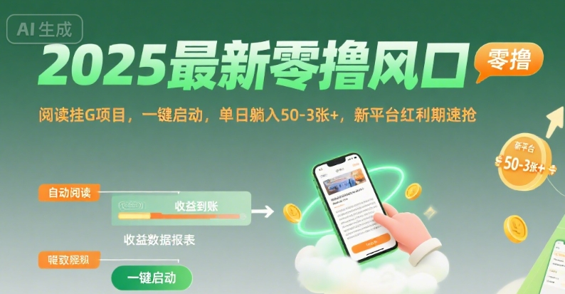 2025最新零撸风口，阅读挂G项目，一键启动，单日躺入 50-3张+，新平台红利期速抢【揭秘】-大熊网创