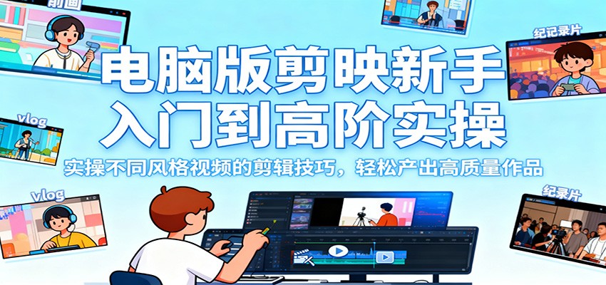 电脑版剪映新手入门到高阶实操，实操不同风格视频的剪辑技巧，轻松产出高质量作品-大熊网创