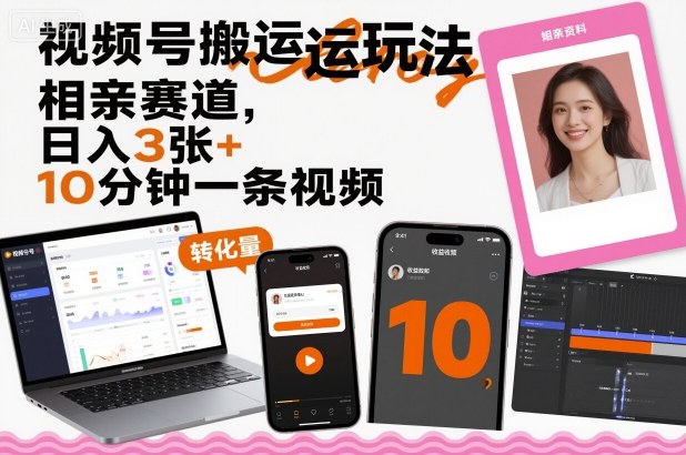 视频号搬运玩法，相亲赛道，日入3张+，10分钟一条视频-大熊网创