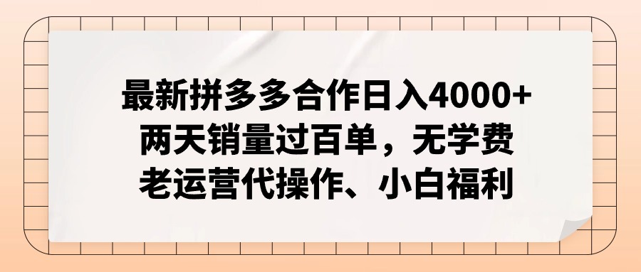 （11343期）最新拼多多合作日入4000+两天销量过百单，无学费、老运营代操作、小白福利-大熊网创