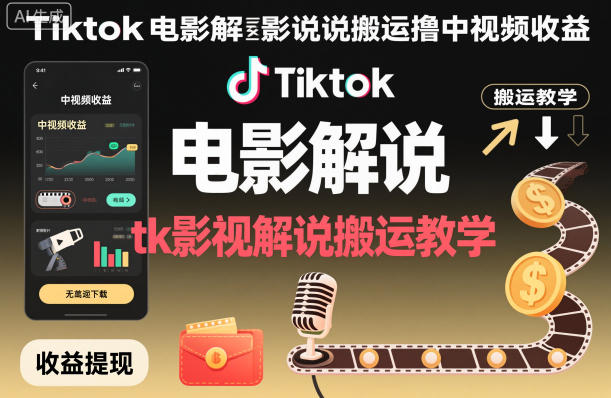 Tiktok电影解说搬运撸中视频收益，tk影视解说搬运教学-大熊网创