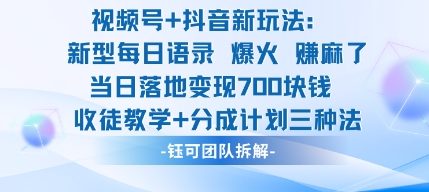 视频号加抖音新玩法：爆火新型每日语录，收徒教学加分成计划，三种变现玩法，当日变现7张-大熊网创