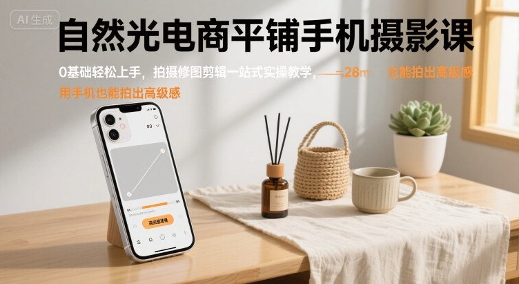 自然光电商平铺手机摄影课，0基础轻松上手，拍摄修图剪辑一站式实操教学，用手机也能拍出高级感-大熊网创