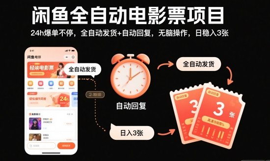 闲鱼全自动电影票项目，24h爆单不停，全自动发货+自动回复，无脑操作，日稳入3张【揭秘】-大熊网创