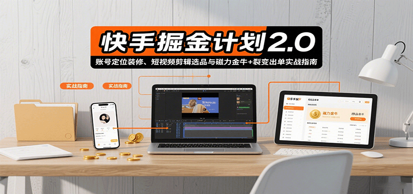 快手掘金计划2.0，账号定位装修、短视频剪辑选品与磁力金牛+裂变出单实战指南-大熊网创