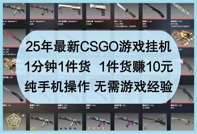 （14439期）25年最新CSGO游戏挂机，1分钟1件货，1件货赚10元 纯手机操作 无需游戏经验-大熊网创