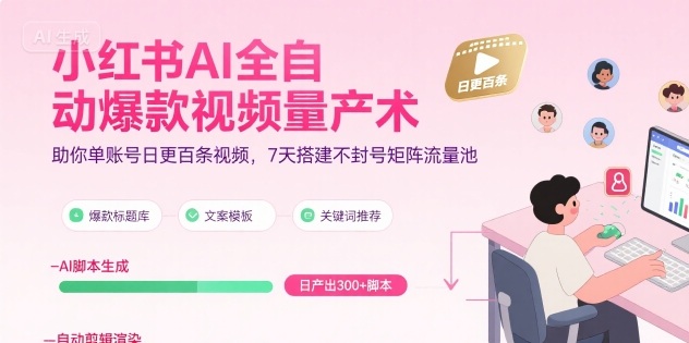 小红书AI全自动爆款视频量产术，助你单账号日更百条视频，7天搭建不封号矩阵流量池(更新9月)-大熊网创