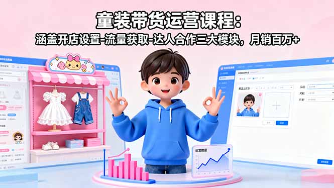 童装带货运营课程：涵盖开店设置-流量获取-达人合作三大模块，月销百万+-大熊网创