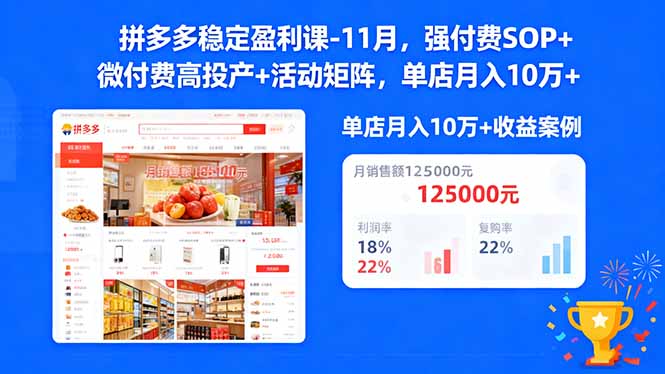 拼多多稳定盈利课-11月，强付费SOP+微付费高投产+活动矩阵，单店月入10万+-大熊网创