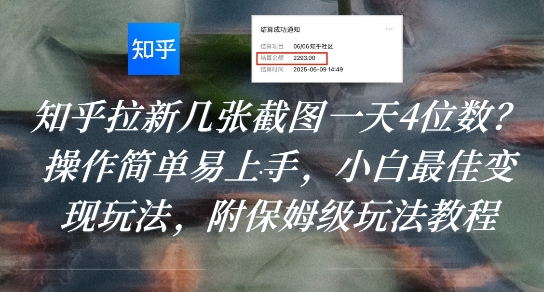 知乎拉新几张截图一天4位数？操作简单易上手，小白最佳变现玩法，附保姆级玩法教程-大熊网创