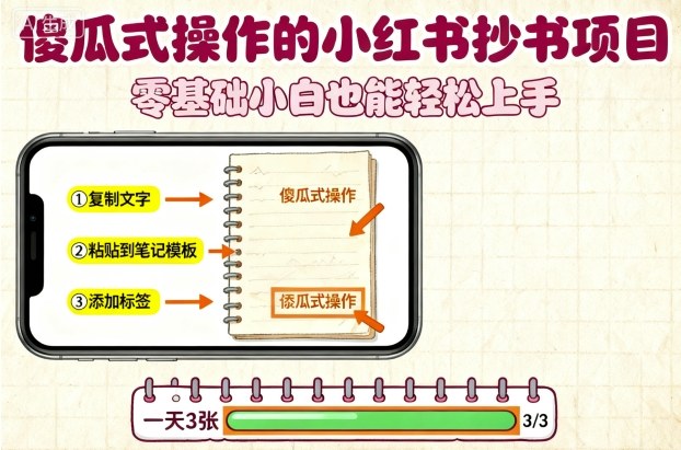 傻瓜式操作的小红书抄书项目，会复制粘贴就行，零基础小白也能一天3张-大熊网创