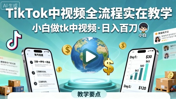 TikTok中视频全流程实操教学，小白做tk中视频，日入百刀-大熊网创