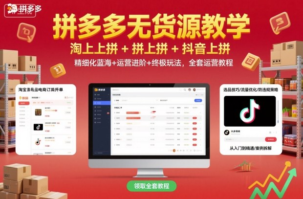 拼多多无货源教学，淘上拼+拼上拼+抖上拼，精细化蓝海+运营进阶+终极玩法，全套运营教程-大熊网创