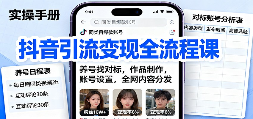 抖音引流变现全流程课：养号找对标，作品制作，账号设置，全网内容分发-大熊网创