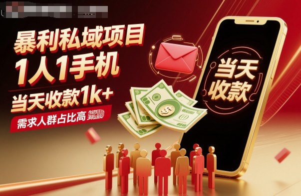 暴利私域项目1人1手机，当天收款1k+，需求人群占比高，当天就能见到钱-大熊网创