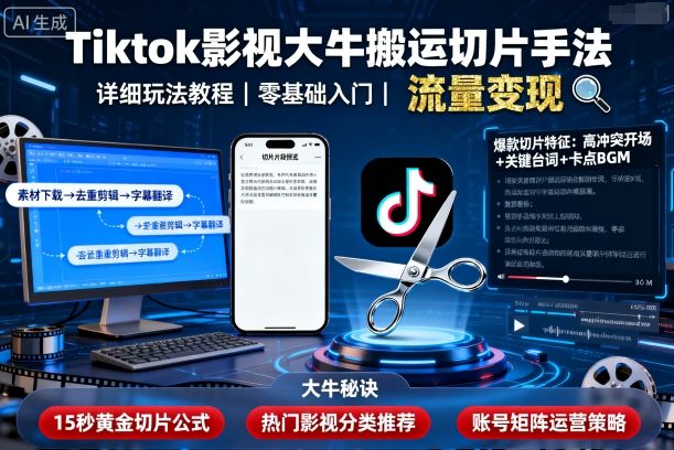 Tiktok影视大牛搬运切片手法，详细玩法教程-大熊网创