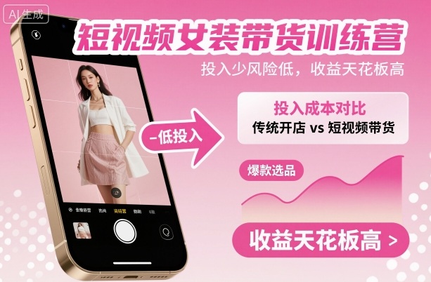 短视频女装带货训练营，投入少风险低，收益天花板高-大熊网创