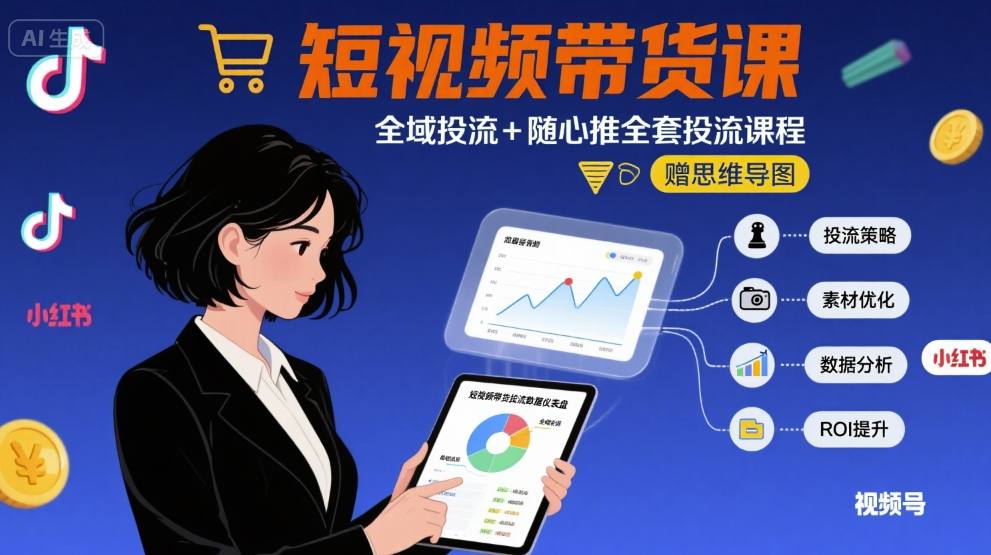 最新短视频带货课，全域投流+随心推全套投流课程+思维导图-大熊网创