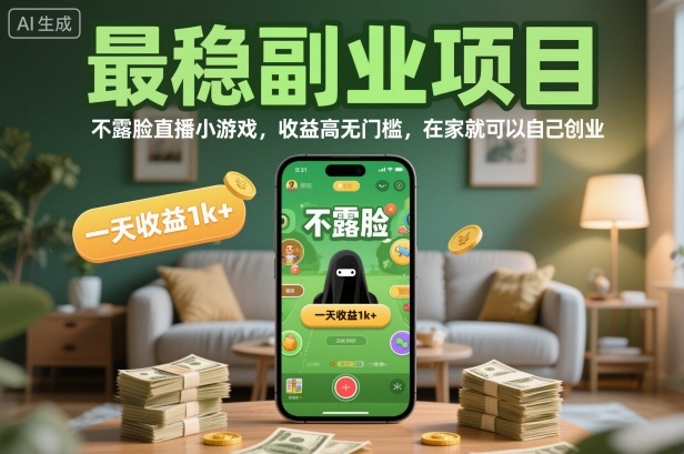 最稳副业项目，不露脸直播小游戏，收益高无门槛，一天收益1k+，在家就可以自己创业【揭秘】-大熊网创