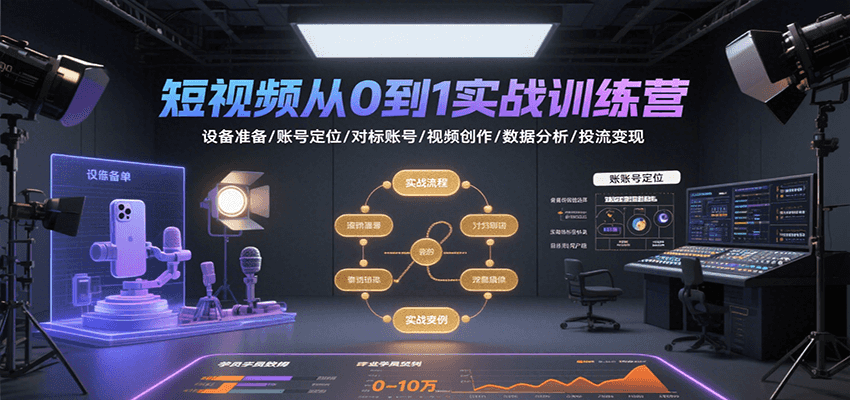 短视频从0到1实战训练营:设备准备/账号定位/对标账号/视频创作/数据分析/投流变现-大熊网创