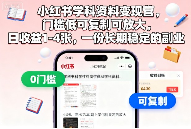 小红书学科资料变现营，门槛低可复制可放大，日收益1-4张，一份长期稳定的副业-大熊网创