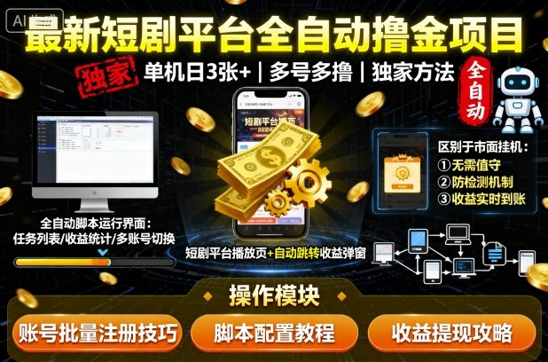 最新短剧平台全自动挂G撸金项目，单机一天3张+，多号多撸，区别于市面所有挂机项目，独家方法【揭秘】-大熊网创