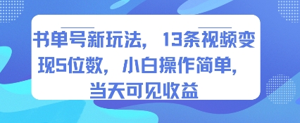 书单号新玩法，13条视频变现5位数，小白操作简单，当天可见收益-大熊网创