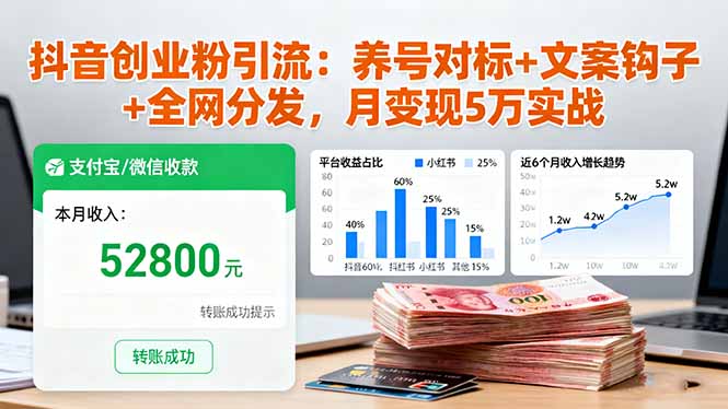 抖音创业粉引流：养号对标+文案钩子+全网分发，月变现5万实战-大熊网创