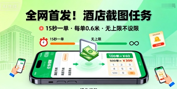 全网首发！酒店截图任务，15秒一单，每单0.6米，任务无上限不设限，矩阵操作单日3张到手【揭秘】-大熊网创