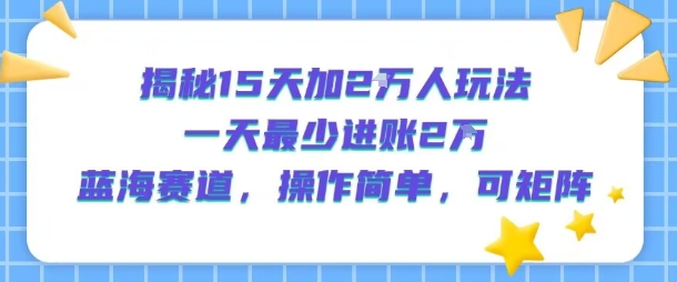 揭秘15天加2W人玩法，一天最少2万进账，蓝海赛道，操作简单，可矩阵-大熊网创