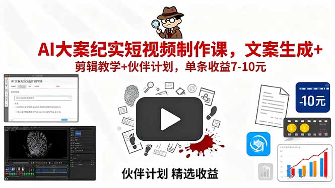 AI大案纪实短视频制作课，文案生成+剪辑教学+伙伴计划，单条收益7-10元-大熊网创