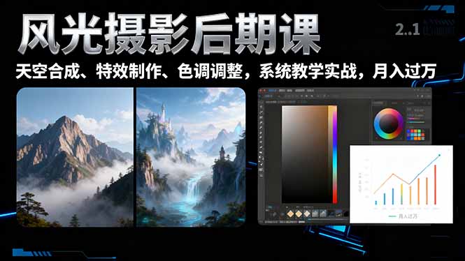 风光摄影后期课，一键换天空合成、特效制作、色调调整，月入过万-大熊网创