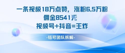 一条视频18W点赞，涨粉6.5W粉佣金8541米，视频号+抖音=王炸-大熊网创