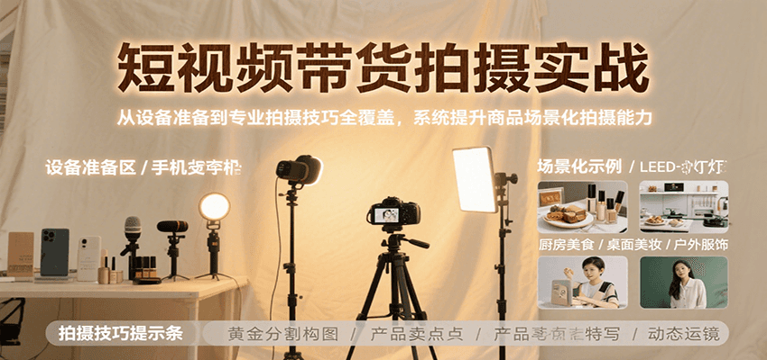 短视频带货拍摄实战，从设备准备到专业拍摄技巧全覆盖，系统提升商品场景化拍摄能力-大熊网创