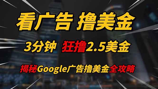 （14701期）看广告，撸美金！！3分钟赚2.5美金！！日入200美金不是梦！揭秘Google…-大熊网创