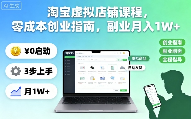 淘宝虚拟店铺课程，零成本创业指南，副业月入1W+-大熊网创