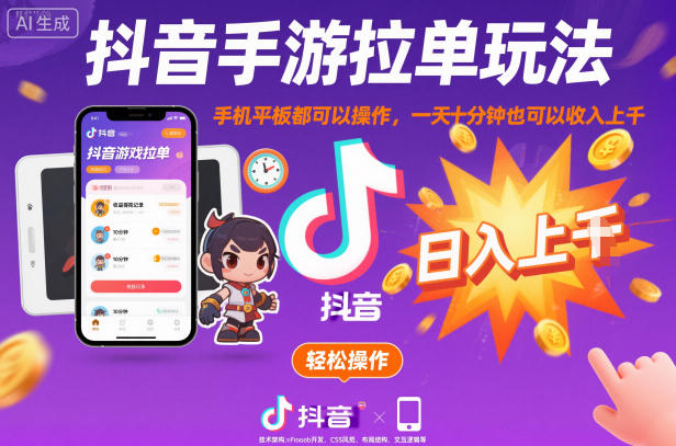 抖音手游拉单玩法，手机平板都可以操作，一天十分钟也可以收入上K【揭秘】-大熊网创