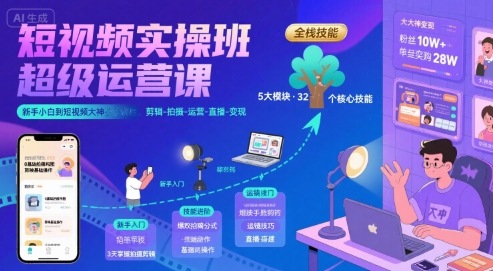 短视频实操班超级运营课，新手小白到短视频大神必修课程，剪辑-拍摄-运营-直播-变现-大熊网创