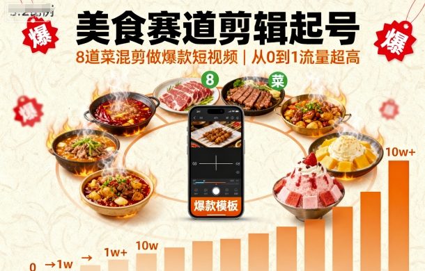 美食赛道剪辑起号，8道菜混剪做爆款短视频，从0到1，流量超高-大熊网创