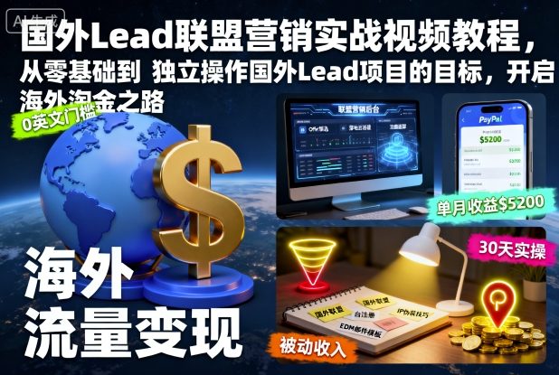 国外Lead联盟营销实战视频教程，从零基础到独立操作国外Lead项目的目标，开启海外淘金之路-大熊网创
